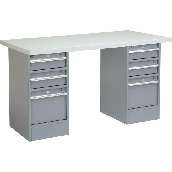 Global Industrial 72 x 24 Pedestal Workbench Double 3 Drawers, Laminate Square Edge Gray 253783